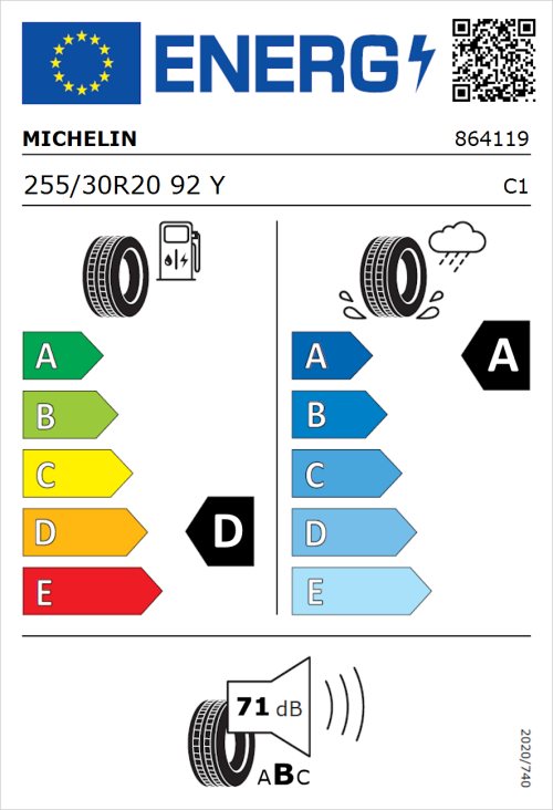 Tyre Label for Michelin Pilot Sport 4 S 255/30R20 92Y
