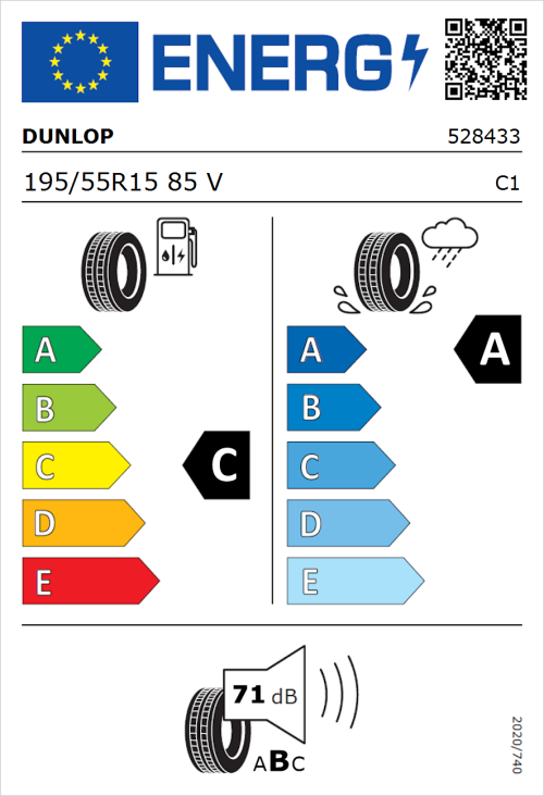 Tyre Label for Dunlop Sport BluResponse 195/55R15 85V