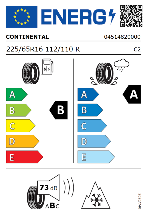 Tyre Label for Continental Vanco FourSeason 225/65R16 112/110R