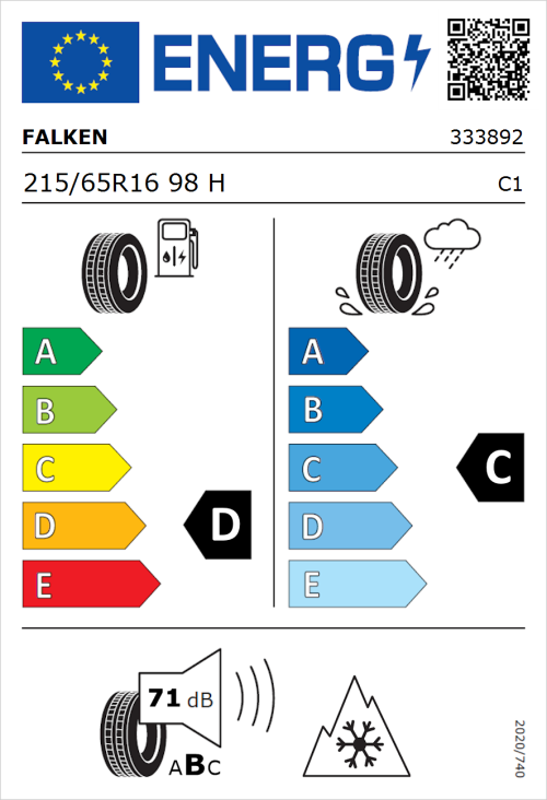 Tyre Label for Falken Wildpeak A/T AT3WA 215/65R16 98H
