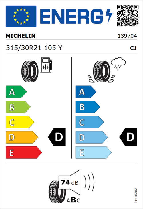 Tyre Label for Michelin Pilot Sport Cup 2 R 315/30R21 105Y