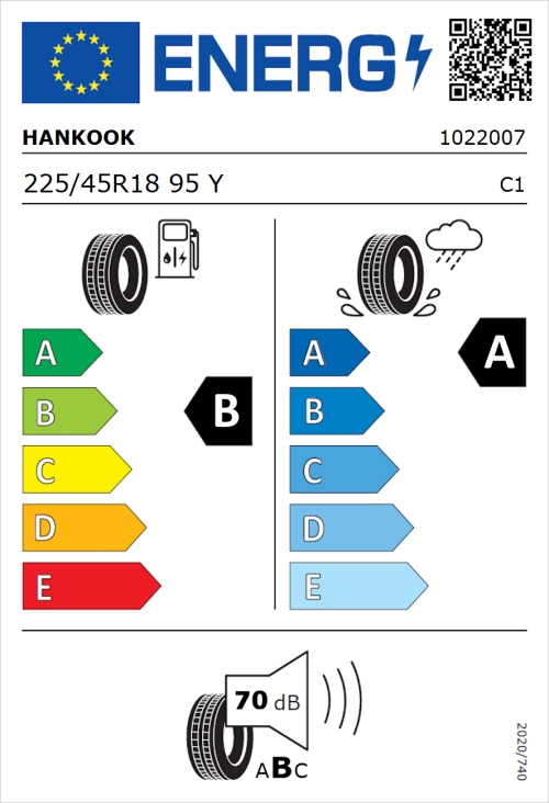 Tyre Label for Hankook Ventus S1 Evo 3 Runflat (K127B) 225/45R18 95Y