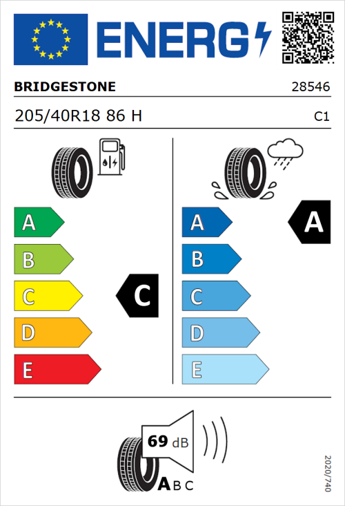 Tyre Label for Bridgestone Potenza Sport 205/40R18 86H
