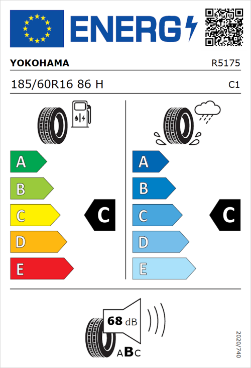 Tyre Label for Yokohama Bluearth AE-50 185/60R16 86H