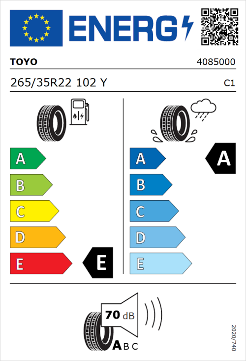Tyre Label for Toyo Proxes Sport 2 265/35R22 102Y