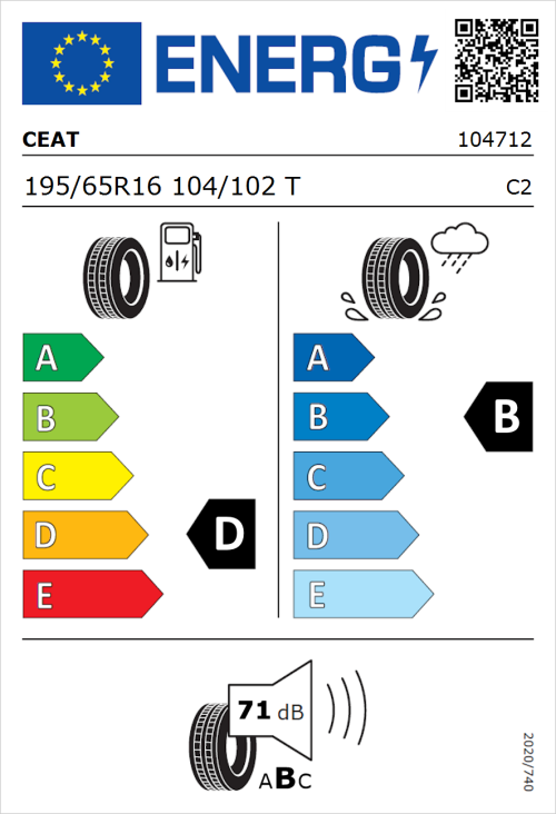 Tyre Label for CEAT EnduraDrive 195/65R16 104/102T