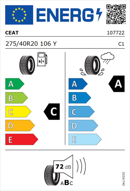 Tyre Label for CEAT SportDrive SUV 275/40R20 106Y