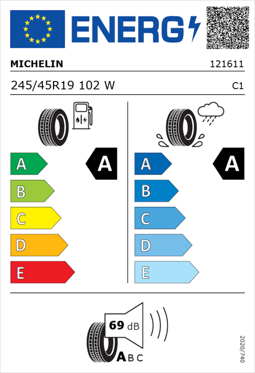 Tyre Label for Michelin Primacy 5 Energy 245/45R19 102W