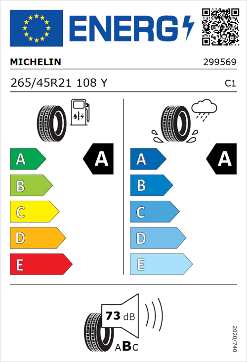 Tyre Label for Michelin Pilot Sport 5 Energy 265/45R21 108Y