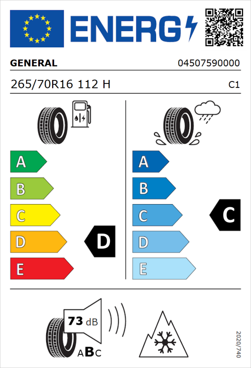 Tyre Label for General Snow Grabber Plus 265/70R16 112H